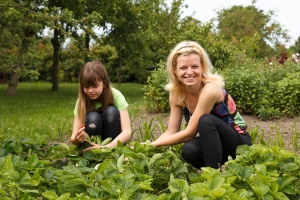 daughter and mother is working in the vegetables garden