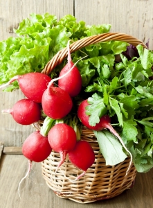 Radish and Greens in a Wicker Basket